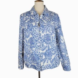 Croft&Barrow Blue White Floral Full Zip Long Sleeves Pockets Linen Cotton Jacket